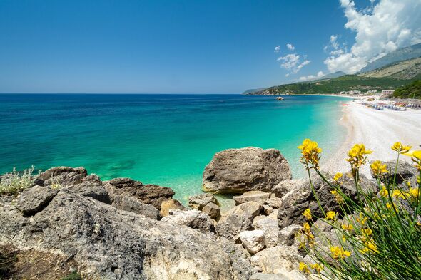 crystal clear water on Livadhi Beach in Himare on albanian riviera, Albania