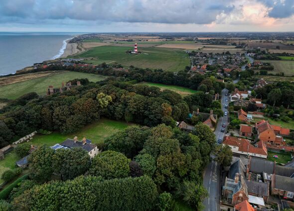 aerial view of english village on the coast