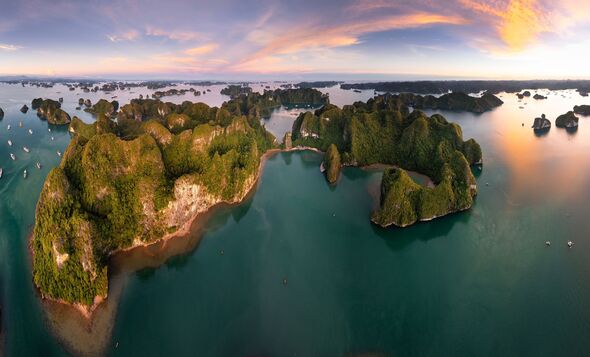 Aerial Drone Sunset Scene Ha Long bay