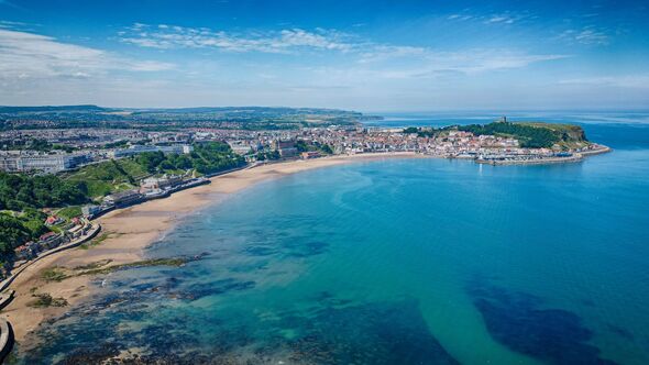 Charming view over Scarborough South Bay and turquoise waterscape, England