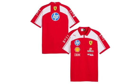 Two front and back views of a red and white short-sleeved sports jersey with sponsor logos displayed on a plain white background