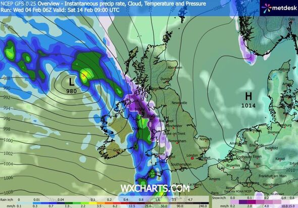 A meteorological weather map displays various atmospheric conditions over a region. The map features different colors representi