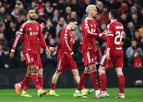 LIVERPOOL, ENGLAND - JANUARY 28: Florian Wirtz of Liverpool celebrates with teammates after scoring his team's second goal durin