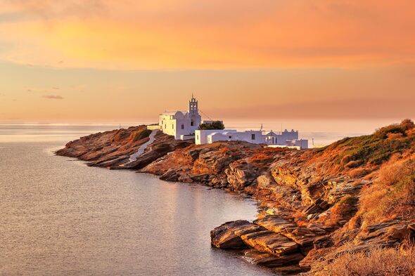 The monastery of Chrissopigi of Sifnos island at sunrise, Greece