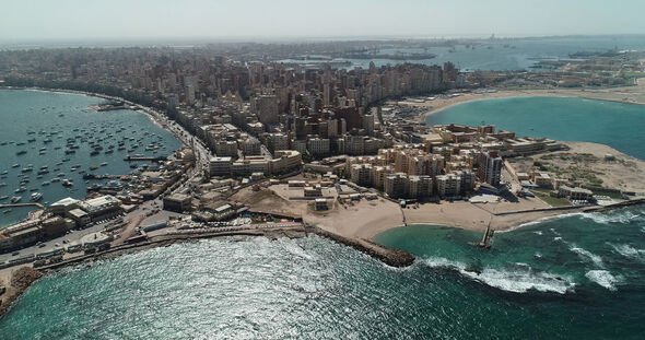 Aerial Drone shot over Egypt Alexandria City sea