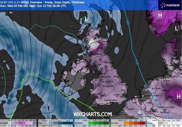 A meteorological map displaying weather patterns over a region, featuring shades of blue and purple to indicate various atmosphe