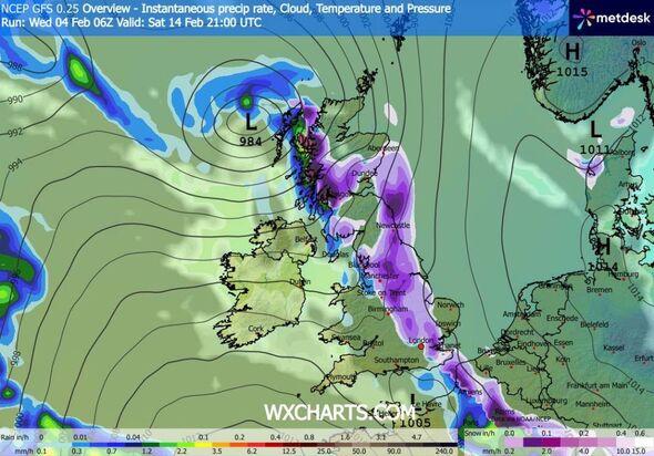 A meteorological map displaying a forecast of atmospheric conditions, with regions of varying colors indicating different weathe