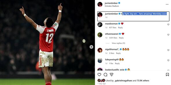 Ethan Nwaneri replied to Jurrien Timber on Instagram