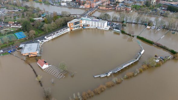 New Road cricket ground home to Worcestershire County Cricket Club is flooded in Worcester. Parts of the UK look set to be soake