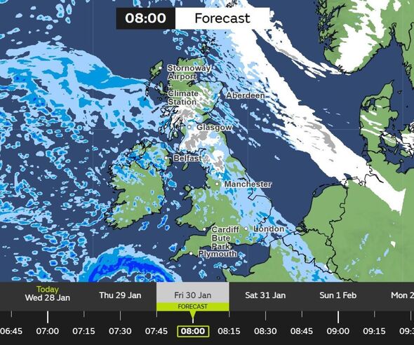 map showing snow in the UK on January 30