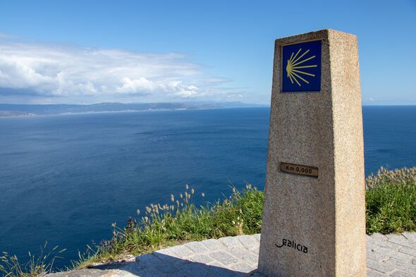 Kilometer marker of KM 0.00 at Cape Finisterre, pilgrim's paths of Santiago de Compostela, Galicia