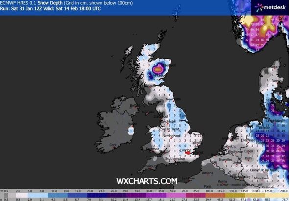 A weather map of UK showing snow