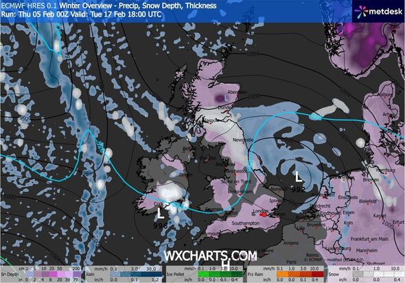UK weather map showing snow on February 17