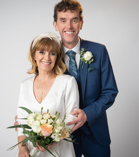 Marlon and Rhona on their wedding day in Emmerdale
