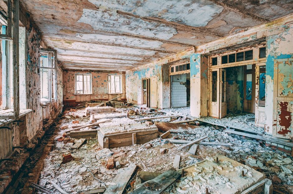 Dilapidated passage in school of Pripyat. Chernobyl Disaster