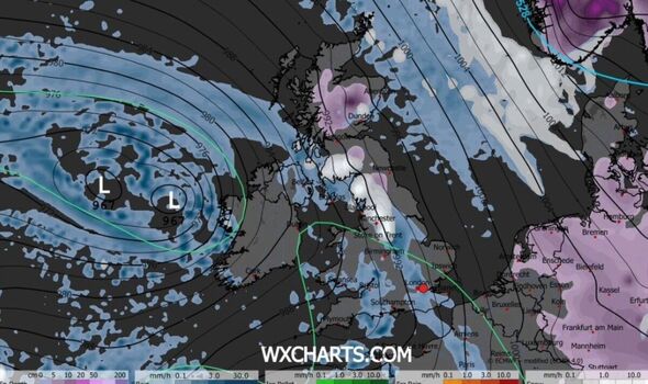 Weather maps showing snow in England and Scotland