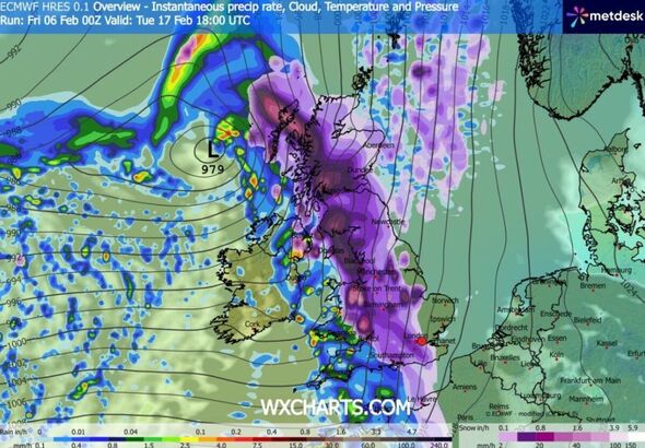 This map shows snow and rain across much of the UK at 6pm on February 17