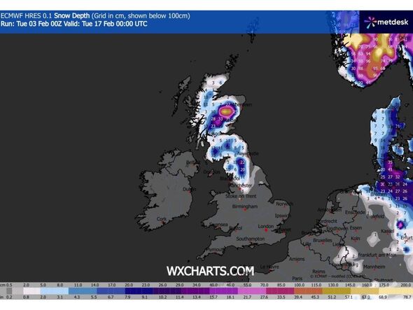 Snow forecast maps, Tuesday, January 17 at midnight
