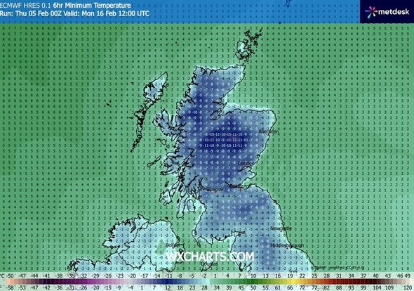 UK weather map showing temperatures on February 16