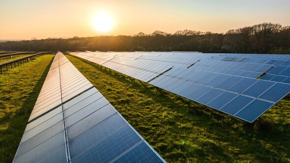 Solar power farm in the evening