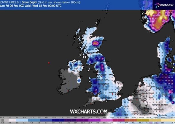 A weather map shows snow depths up to 35cm at midnight on February 18