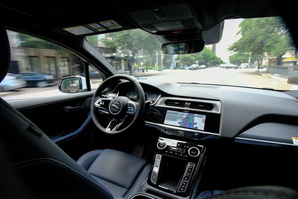 Inside of a Waymo autonamous taxi car during a ride arouns Austin Texas