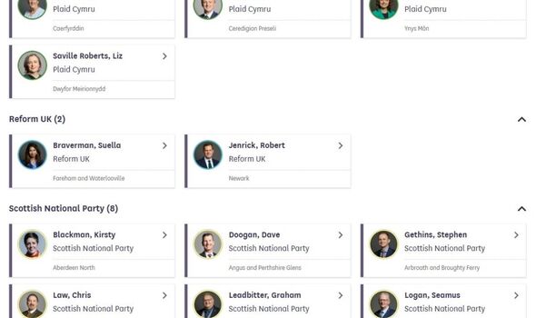 Screengrab of MPs who voted aye