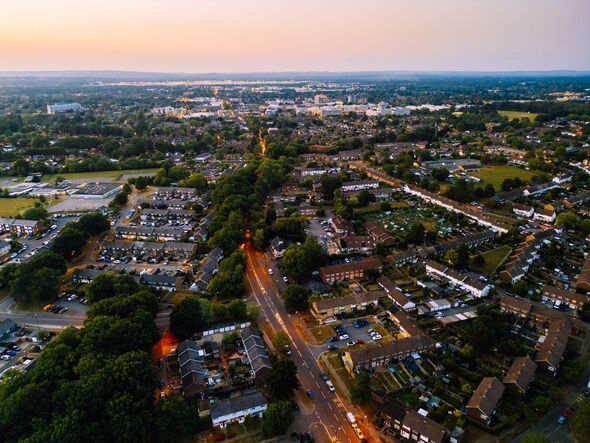 Residential streets at twilight in Crawley