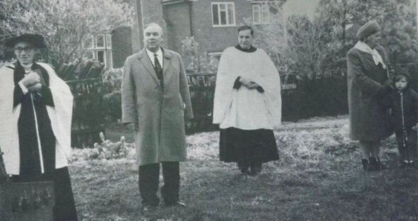 A black and white photo of the Reverend Dr John Yates and Jack Meadows, chairman of the parish council, at the planting in 1967