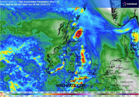 Weather map shows rain over the UK on February 6