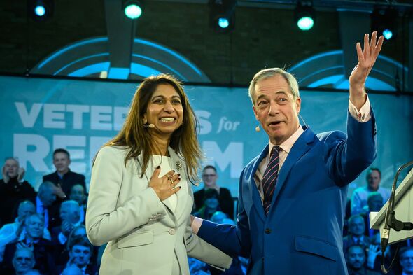 Suella Braverman on stage with Nigel Farage