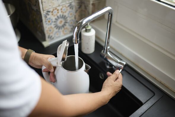 Person Filling Electric Kettle with Water from Kitchen Sink