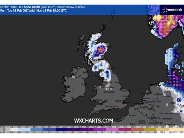 Snow forecast maps, Monday January 16 at 6pm