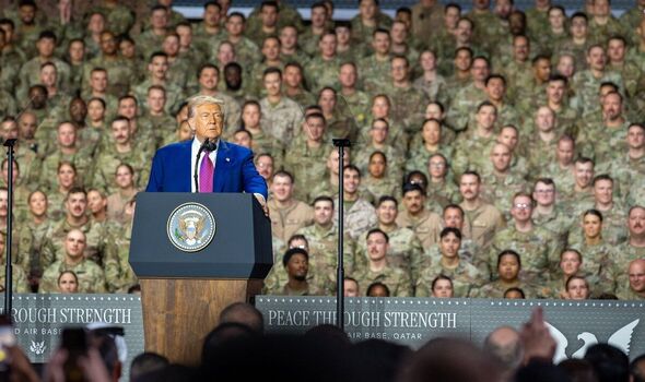 Trump speaking at the Al Udeid Air Base, Qatar.