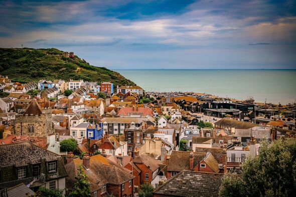 Rooftops and Seaside View of Hastings.