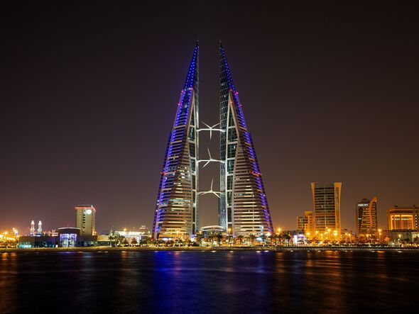 Bahrain World Trade Center illuminated at night,Manama,Bahrain