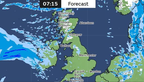 Screengrab of Met Office 'Precipitation type' map for 7.15am on March 15
