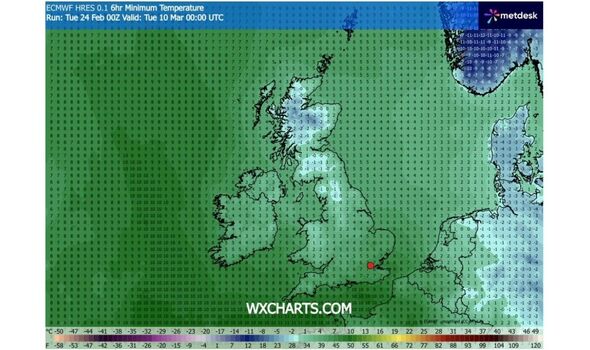 Weather map with icy blue patches showing cold temperatures