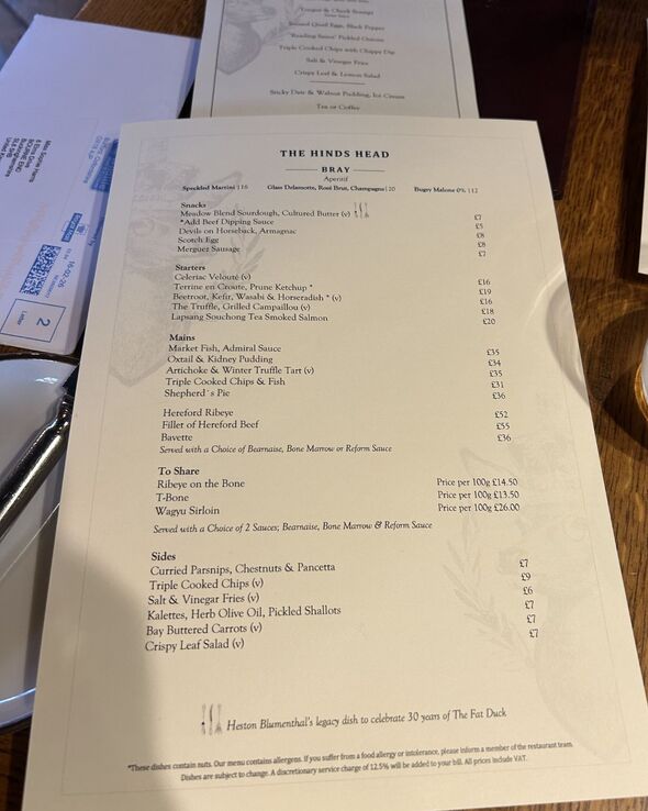The menu at The Hinds Head