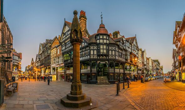 Sunset view of traditional tudor houses alongside the Bridge street in the central Chester, England