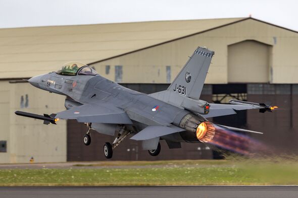 Royal Netherlands Air Force General Dynamics F-16AM jet aircraft departing Fairford.