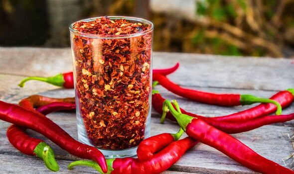 Picture of red pepper flakes and hot peppers