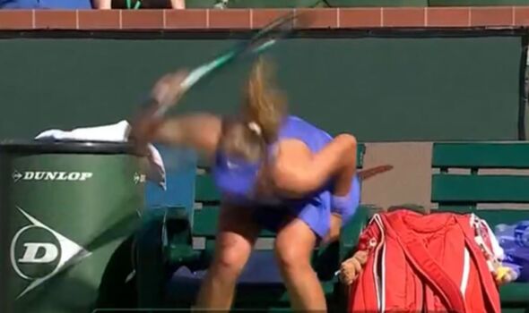 Mirra Andreeva racket smash Indian Wells