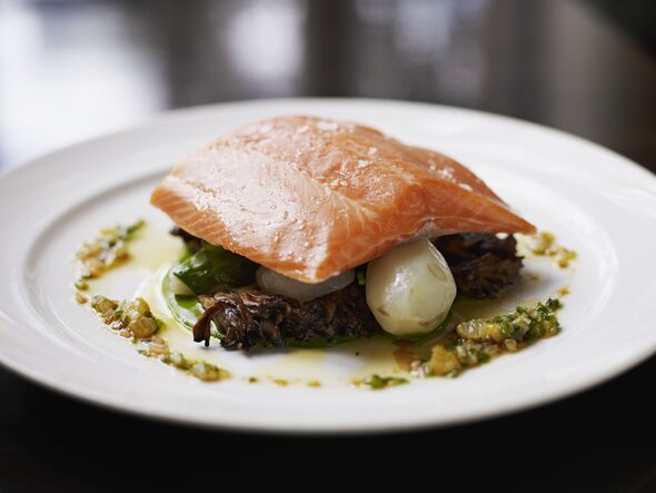 Steelhead, with sunchokes and maitake mushrooms
