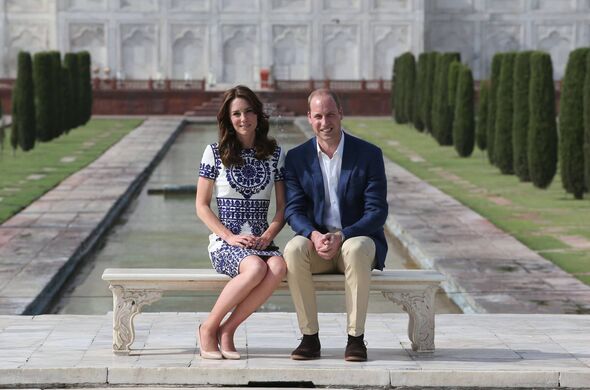 The Duke and Duchess of Cambridge in front of the Taj Mahal in India during day seven of the Royal tour to India and Bhutan. PRE