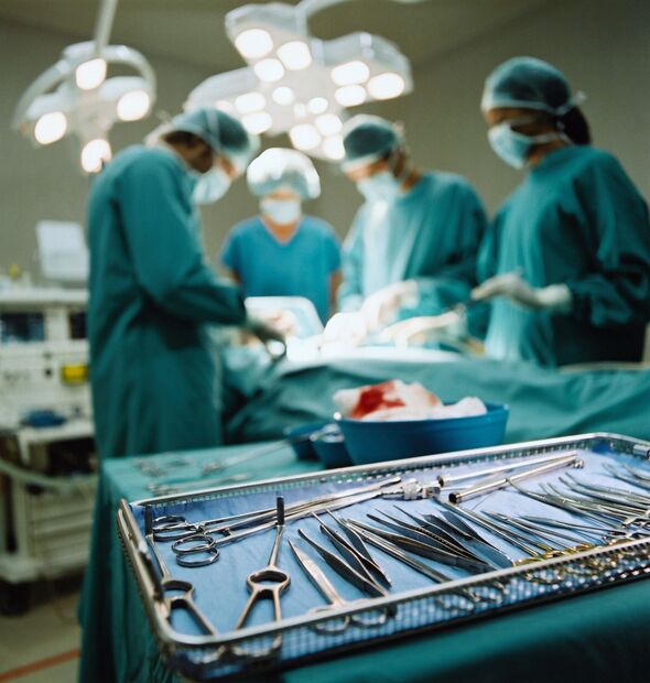 Tray of medical instruments in operating room