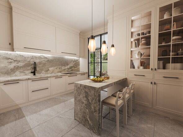 White Wooden Rustic Kitchen Interior.