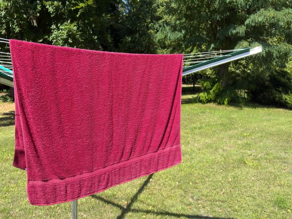 Large red towel hanging on a clothesline in a garden