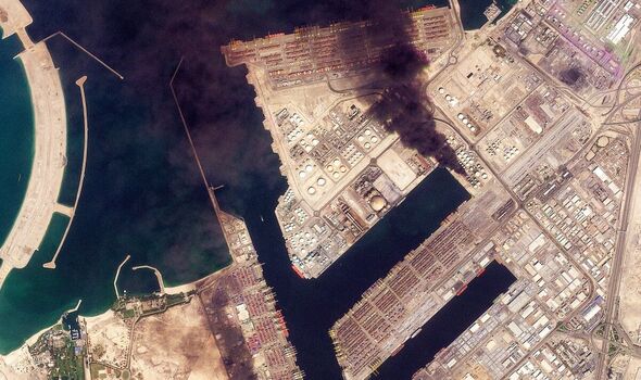 Aerial images showing smoke rising from Dubai port
