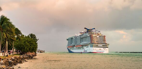 Carnival Celebration cruise ship voyage. Cruise in summer vacation. Carnival cruise line. Cruise ship tour and travel at sea. Ship leaving Miami beach